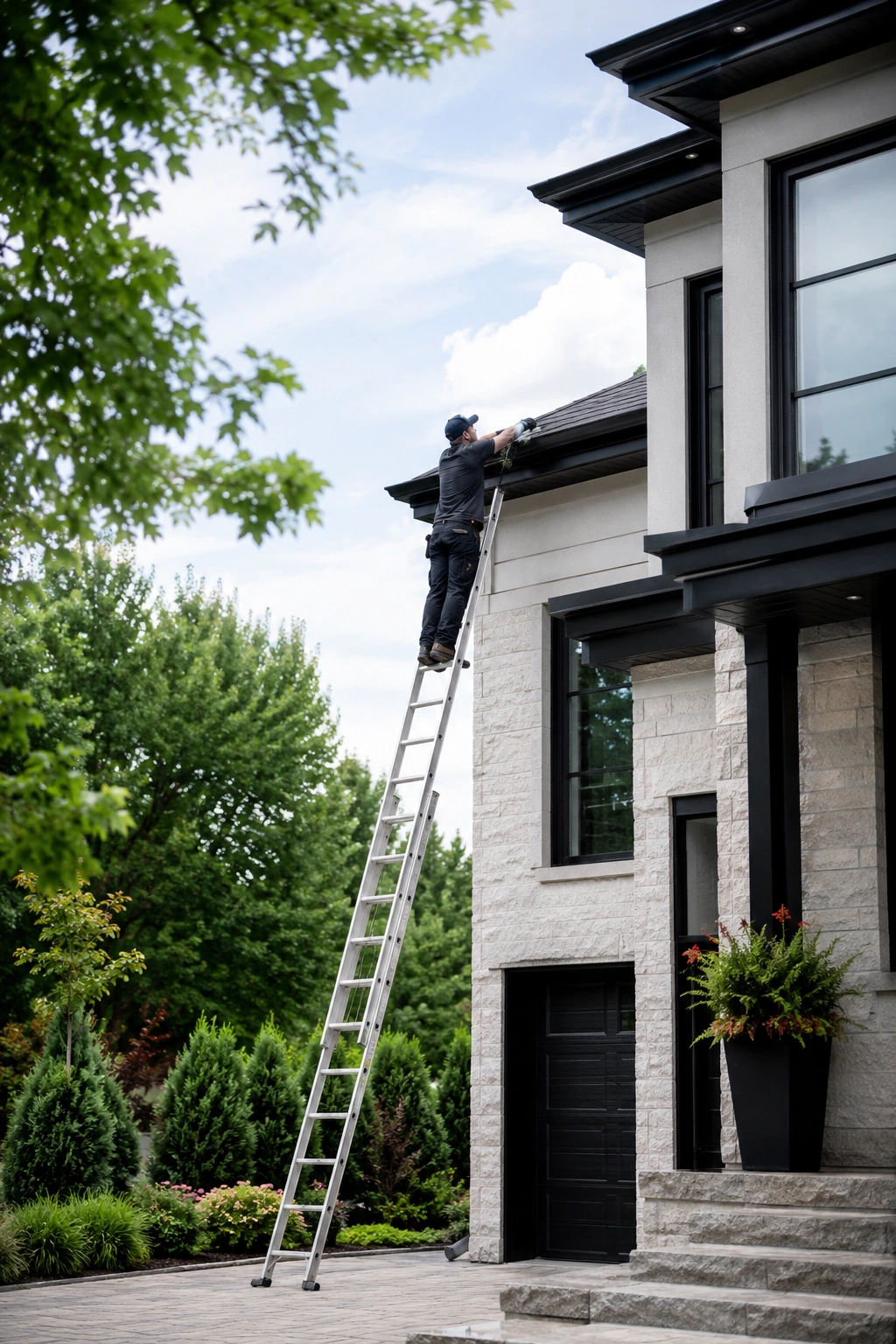 Man on tall ladder cleaning gutters on a modern two-story house with large windows.