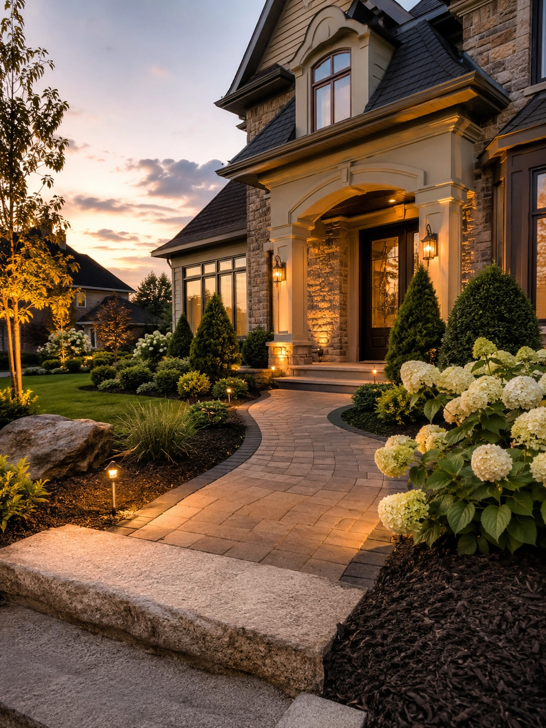 Two-story house at dusk decorated with warm white string lights on roof edges and around garage doors.