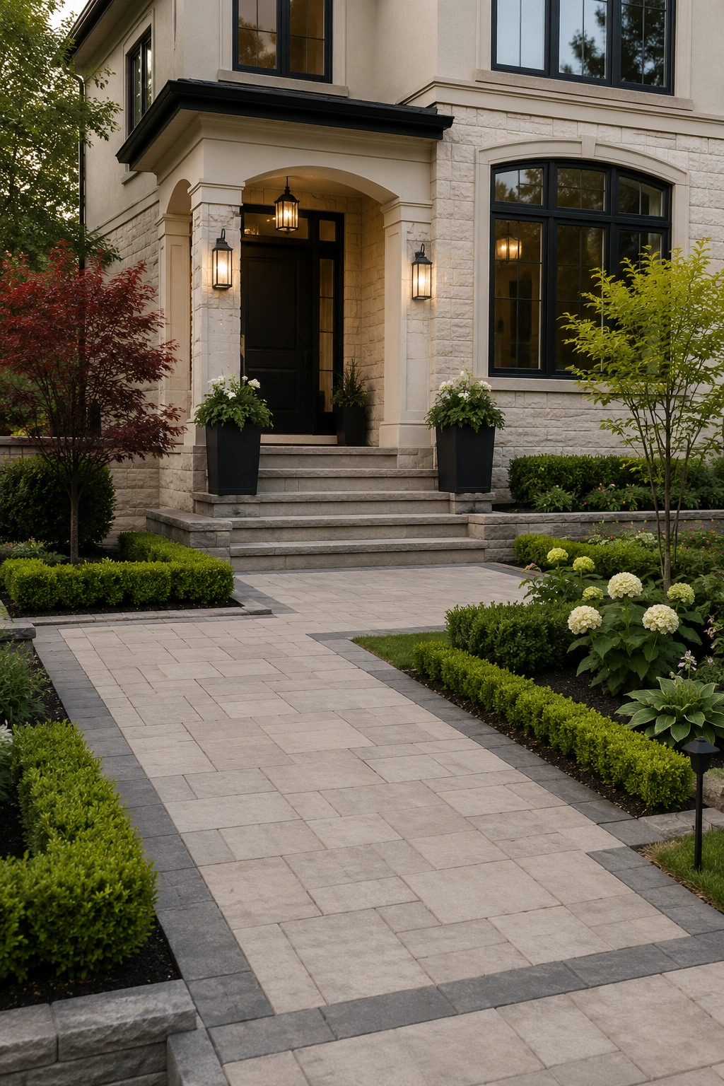 Stone pathway and steps leading to a house entrance with black door, lit lanterns, and landscaped garden.