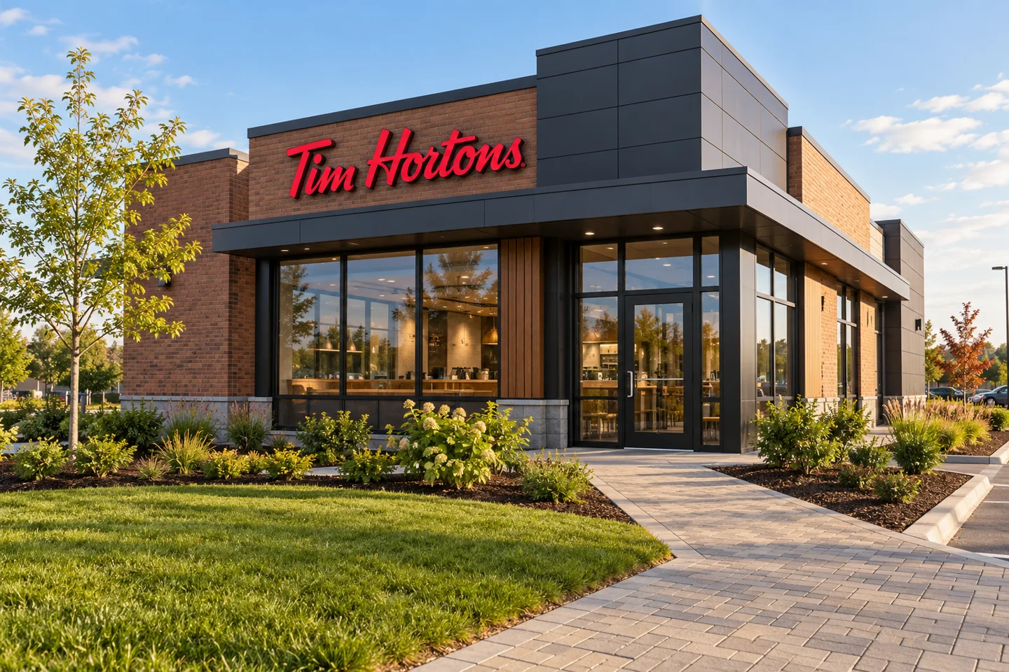 Illustrated Tim Hortons storefront; not a photograph of the completed project