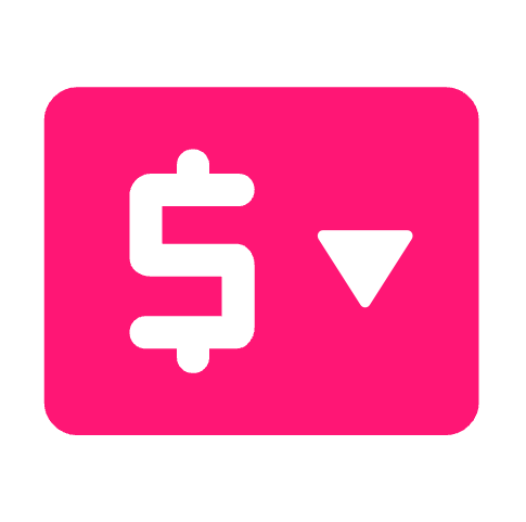 Black dollar sign next to white downward arrow inside pink rounded rectangle, indicating price drop.
