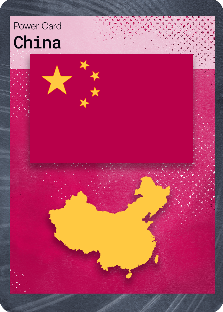 Card titled China showing its flag with five stars and a yellow map of the country on a red background.