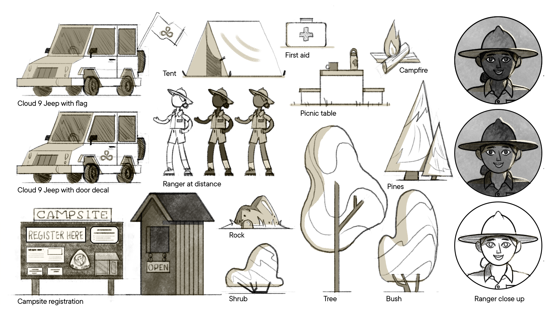 Campground assets: jeeps, tent, rangers, campsite registration, first aid, campfire, trees, rocks, picnic table.