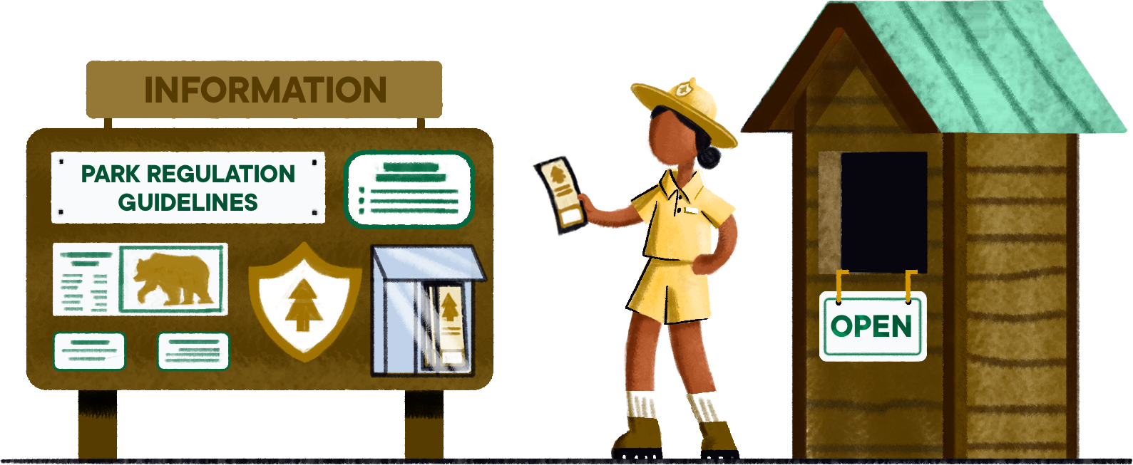 Park ranger in uniform holding pamphlet stands by information board and open wooden registration booth.