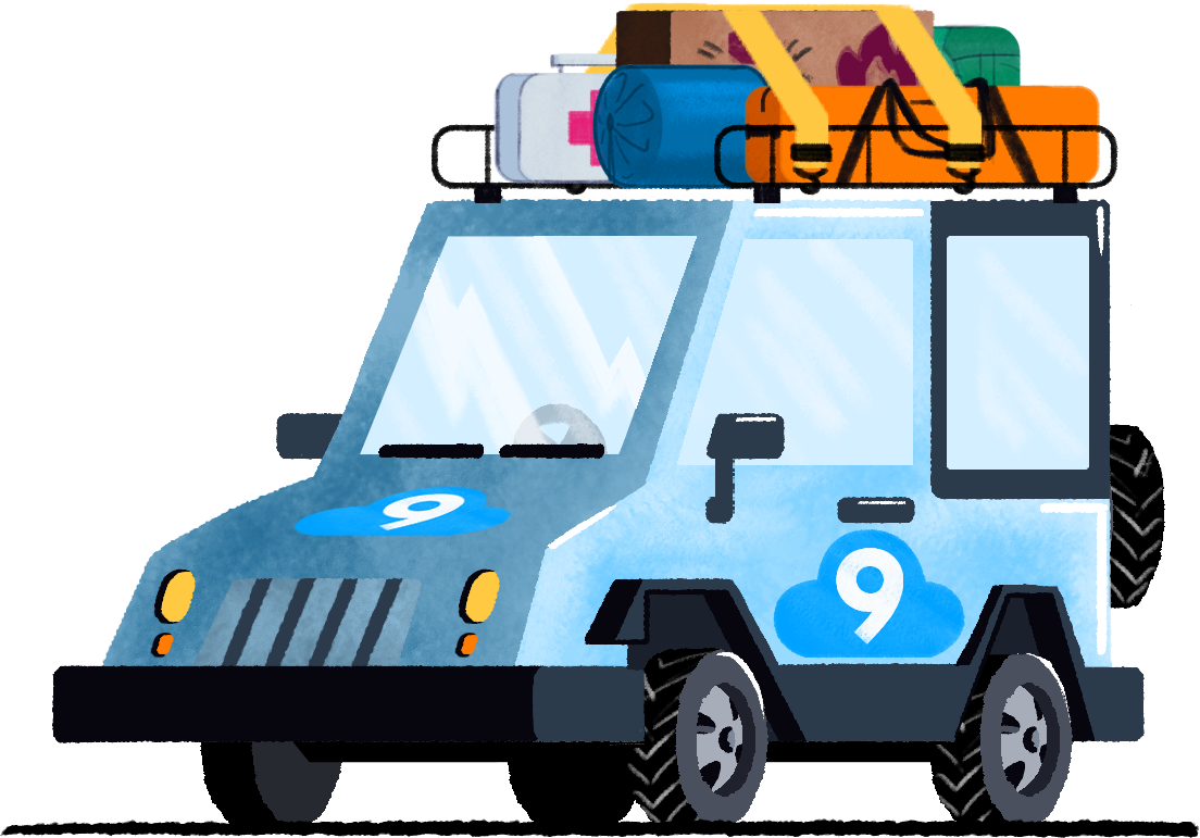 Blue off-road vehicle with camping gear and supplies tied on its roof, including a first aid kit.