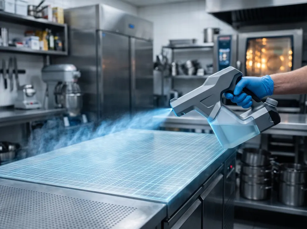 Gloved hand spraying disinfectant on a stainless steel table in a commercial kitchen.