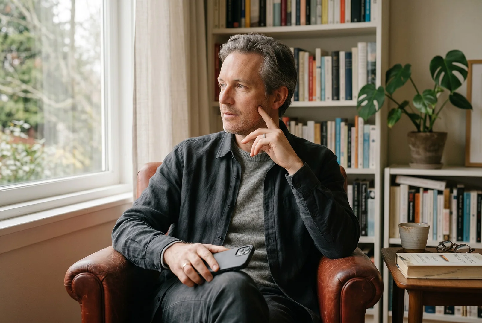 A working professional in their mid-40s, seated in a reading chair near a window, phone in hand at rest, looking off-camera.