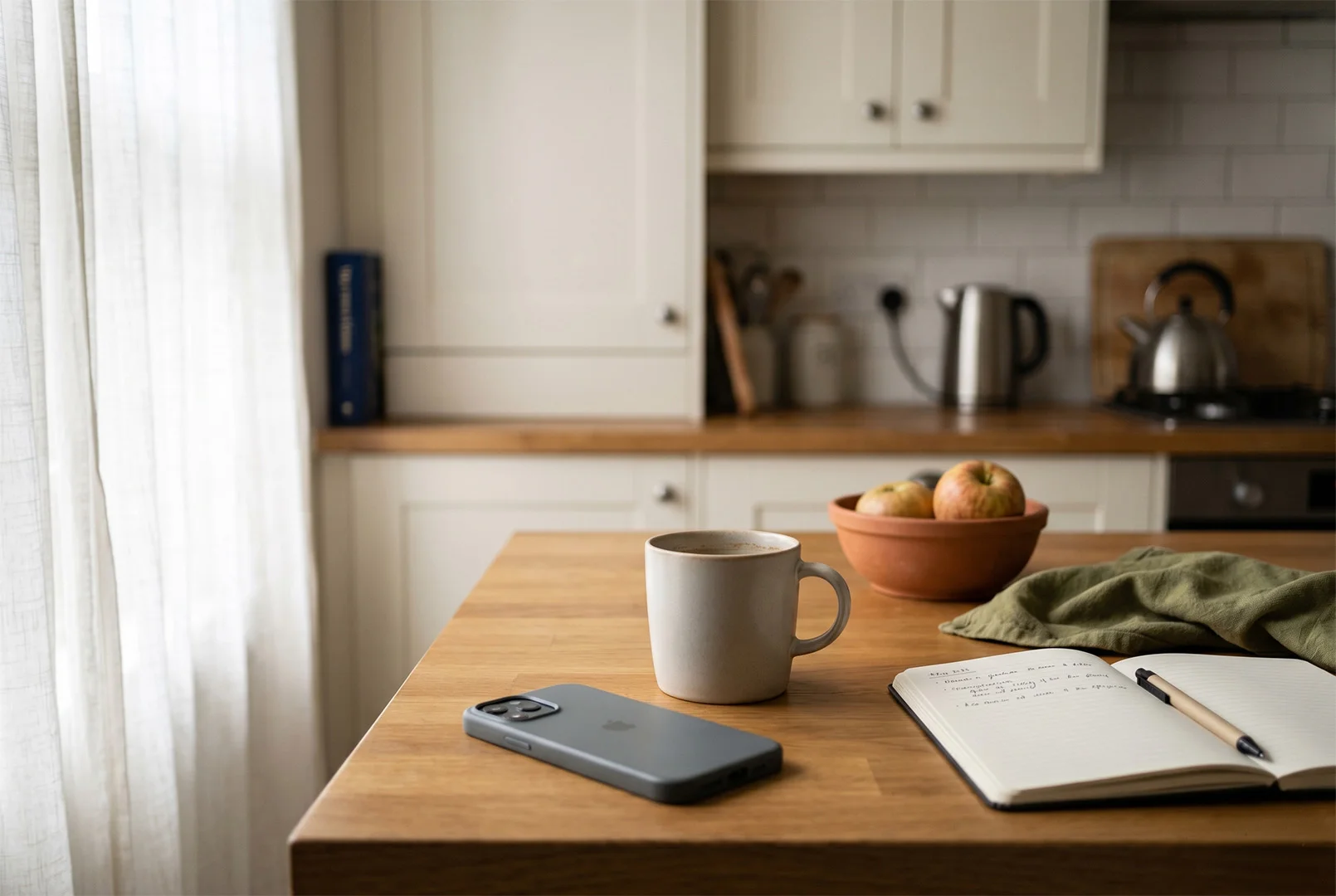 A kitchen counter mid-morning. Coffee, a notebook, a phone face down. A pause between the pain and the response.