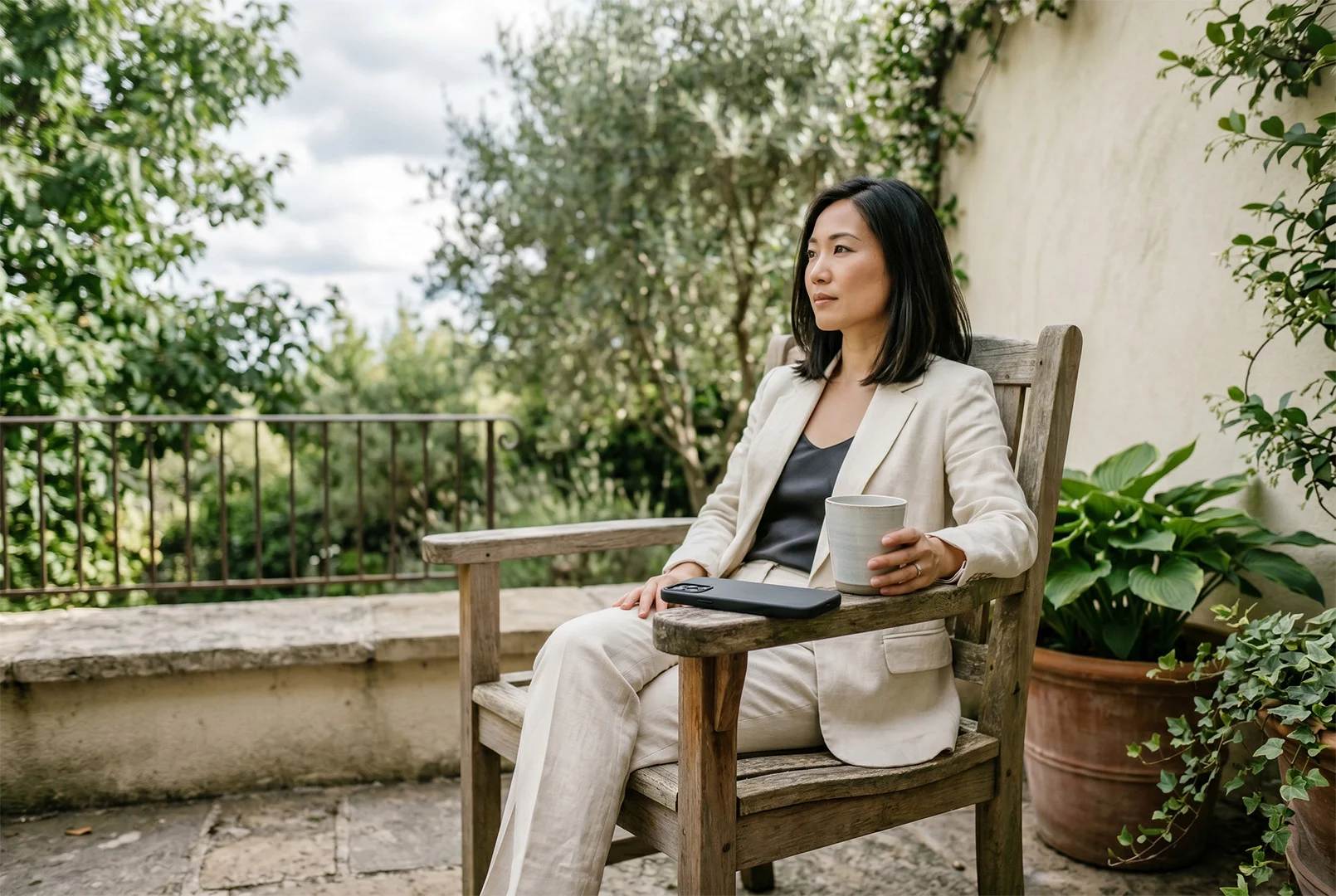 A working professional seated on a wooden chair on an outdoor terrace, surrounded by olive trees and greenery, holding a ceramic cup, phone resting on the chair arm.