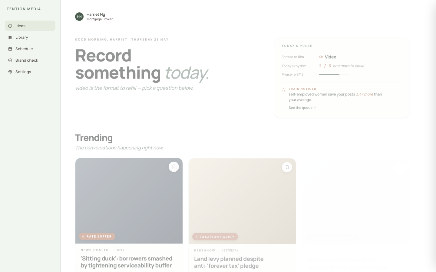 The Tention desktop dashboard, where planning, scheduling and the brand check live.