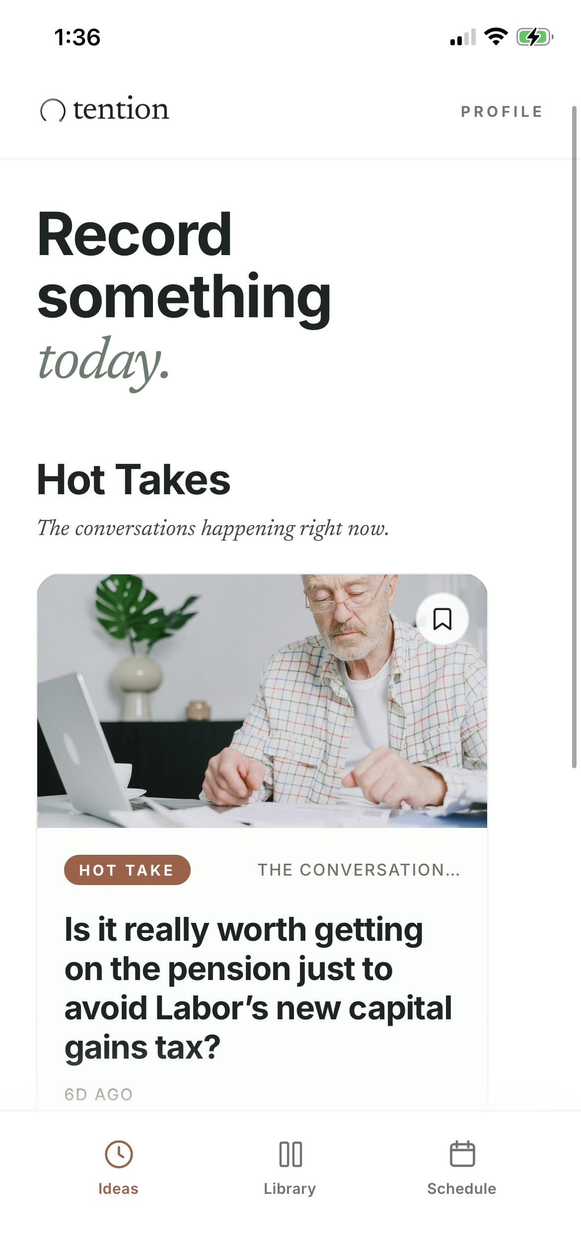 The Tention app showing today's questions feed
