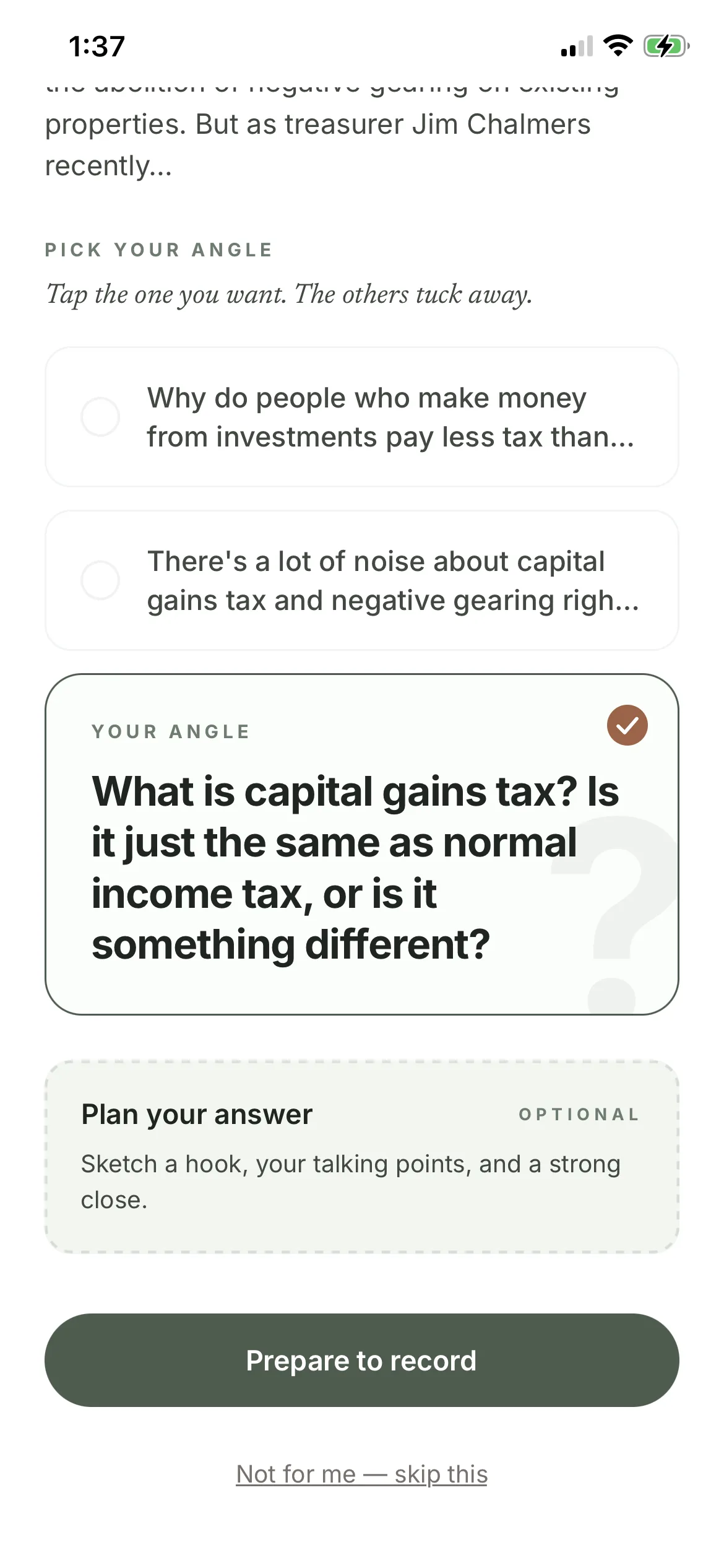 The Tention app showing a chosen question, a plan for the answer, and a button to prepare to record