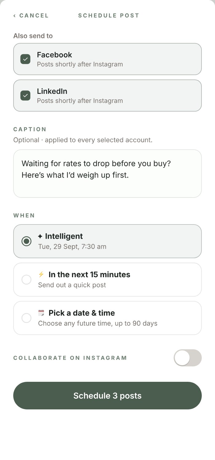 Schedule screen choosing channels and a posting time