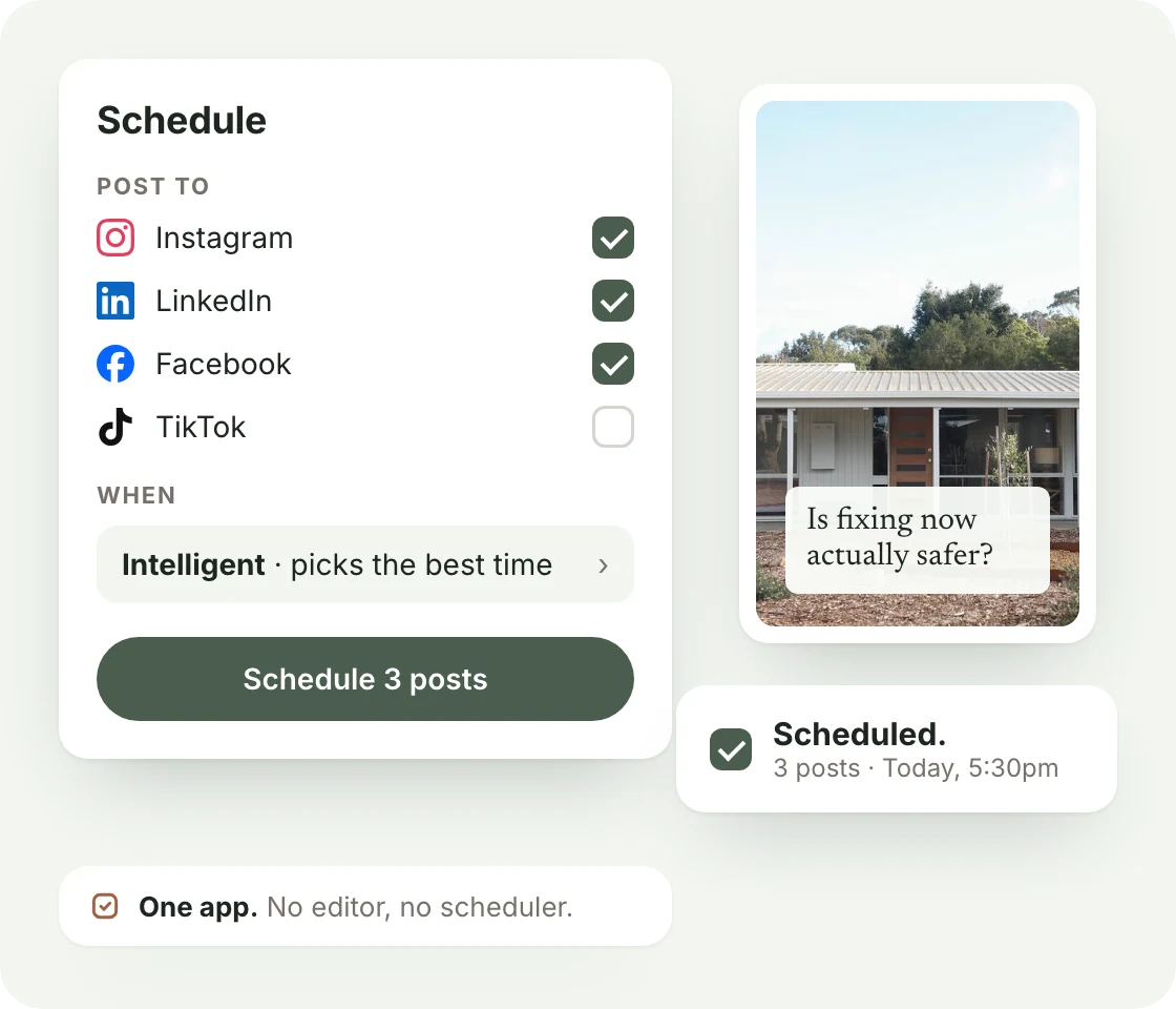 Tention's schedule sheet with Instagram, LinkedIn and Facebook ticked, a Scheduled confirmation, and a note: one app, no editor, no scheduler