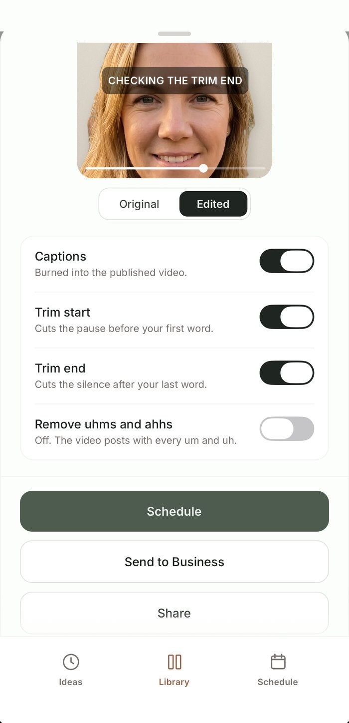 Edit screen with switches for captions, trimming and removing ums