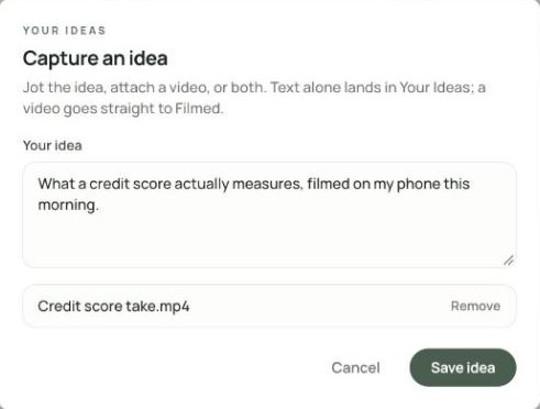 Capturing your own idea in the Tention web app, with a video attached