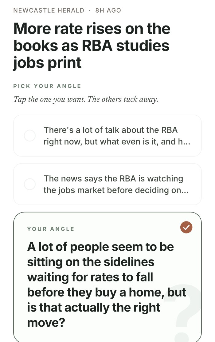 A Hot Take in the Tention app: a news story about rate rises, with three ways to ask the question and one chosen
