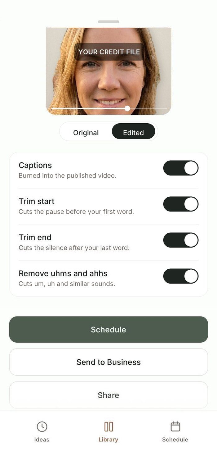 Tention's edit screen with switches for captions, trims and removing ums