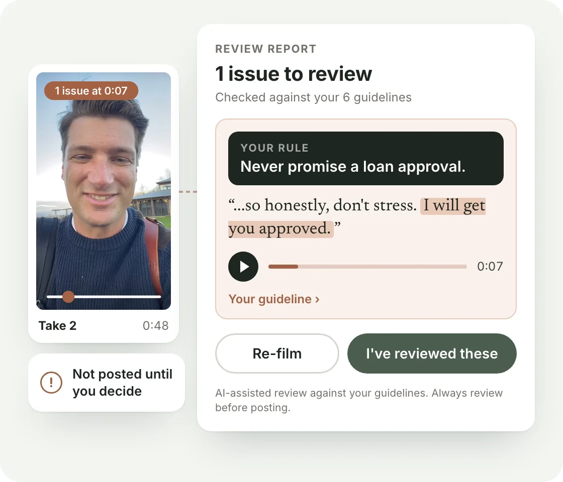A Tention review report flagging one line against the guideline Promising an outcome, with the quote, a play button at 0:07, and buttons to re-film or mark it reviewed
