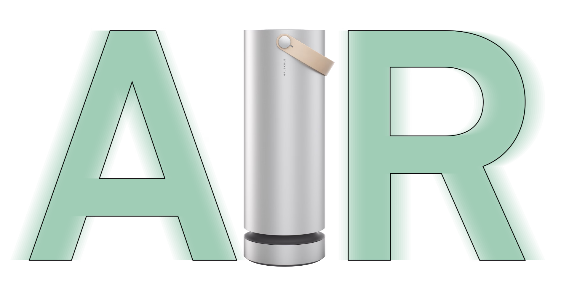 A silver Molekule air purifier forms the letter I between large mint-green A and R letters, spelling “AIR.”
