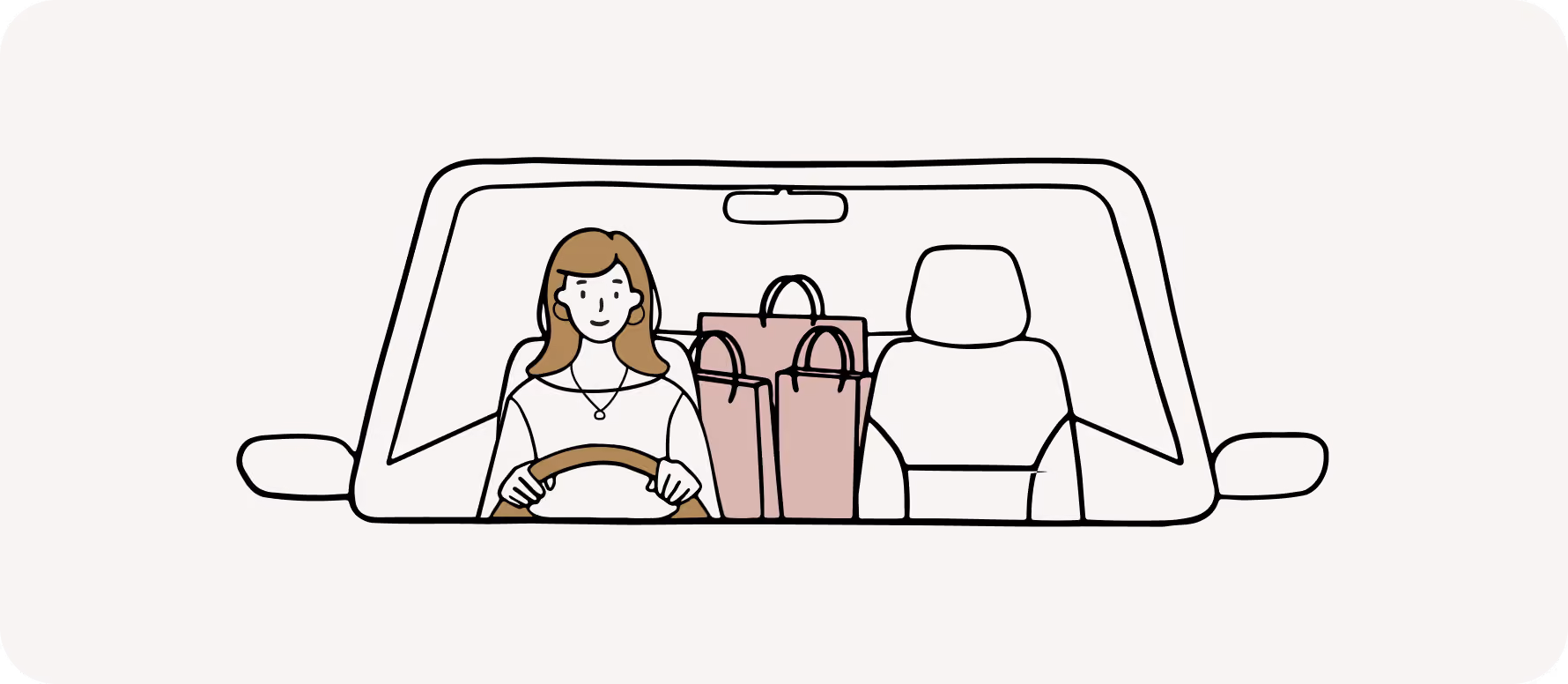 Woman sitting in the driver's seat of a car with shopping bags on the back seat.