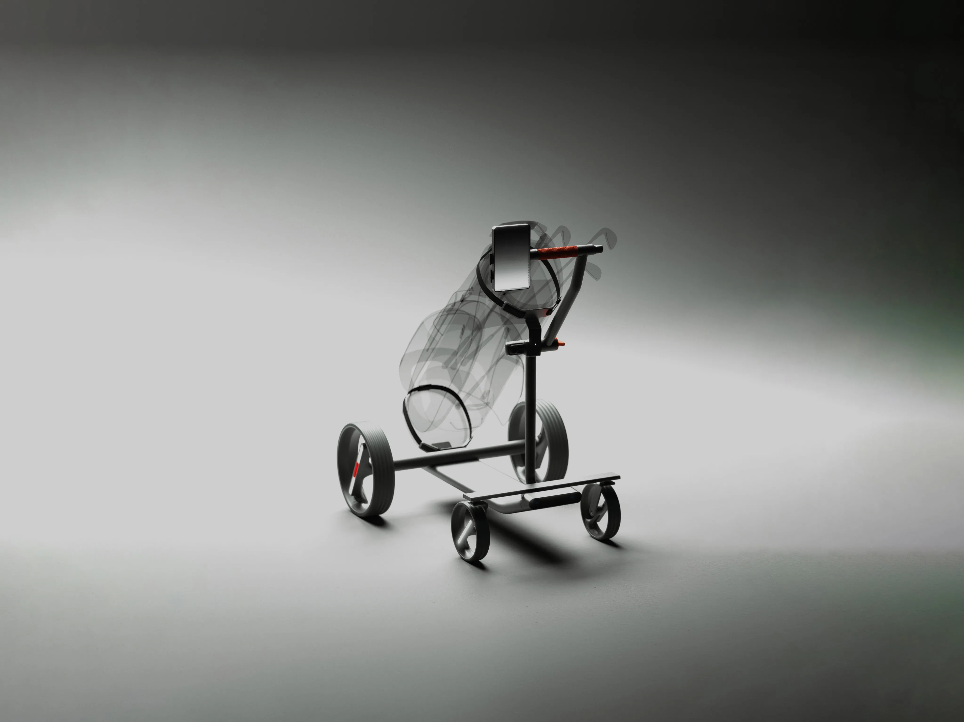 3D motion animation of the premium iXi autonomous golf trolley on a minimalist background.