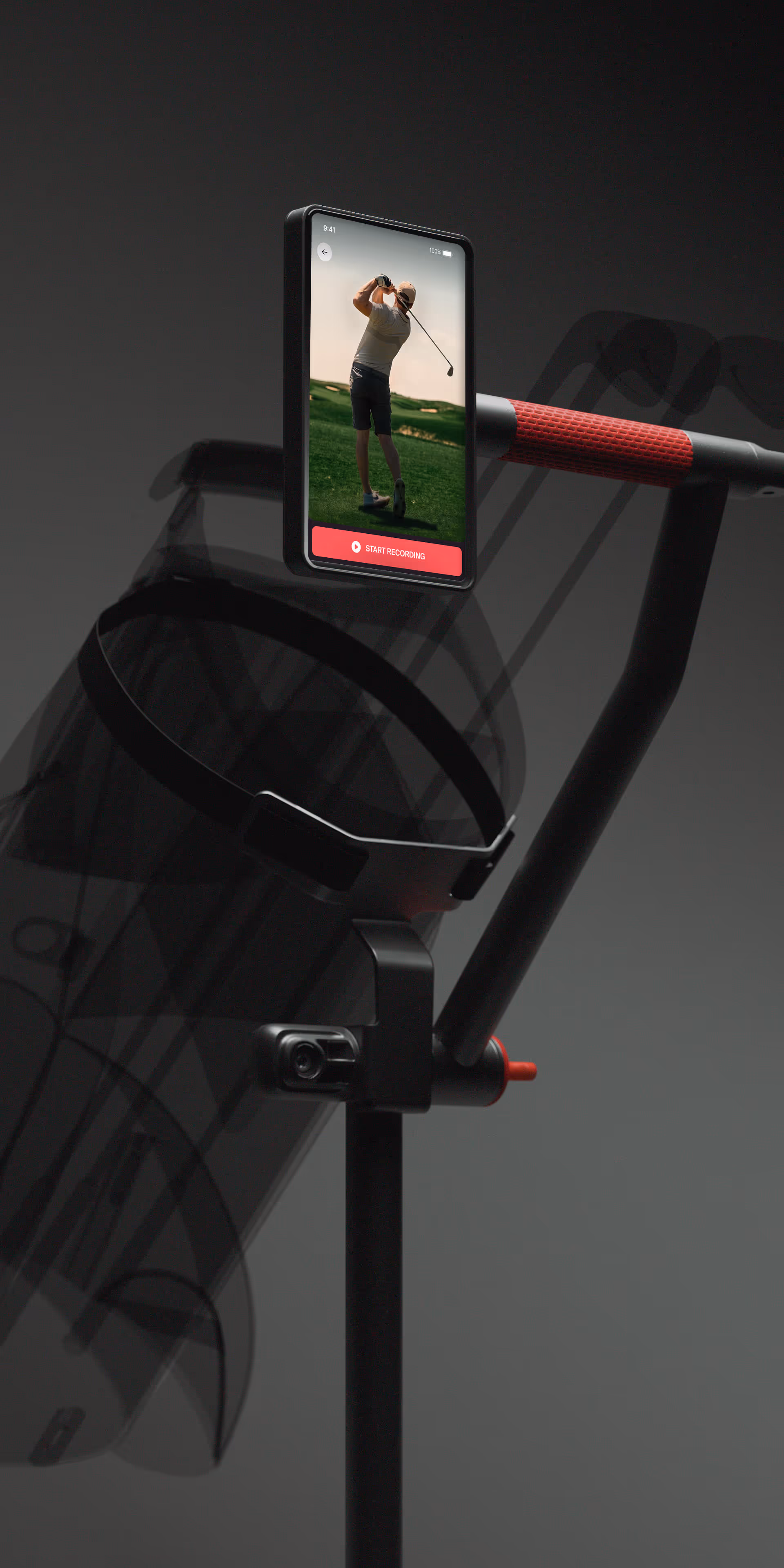 iXi autonomous golf trolley with AI-powered swing analysis technology on screen.