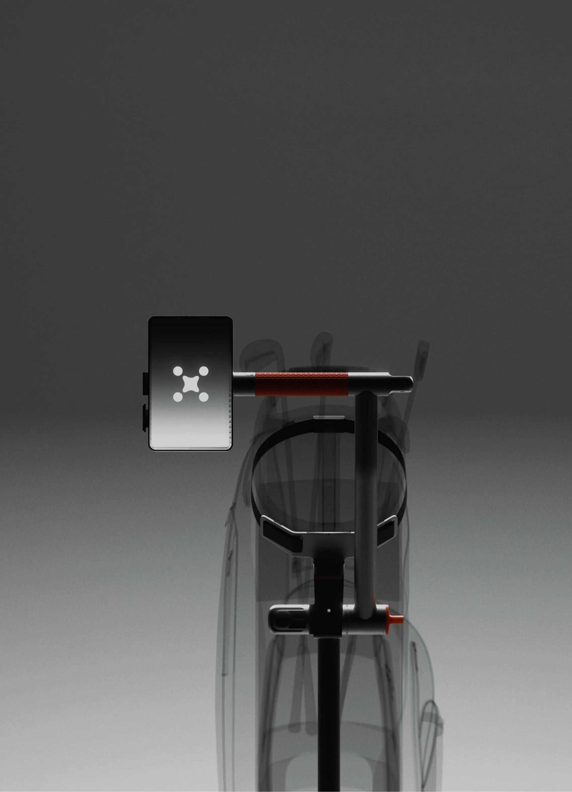 Interactive handlebar with screen on an autonomous golf trolley with visible motion blur.