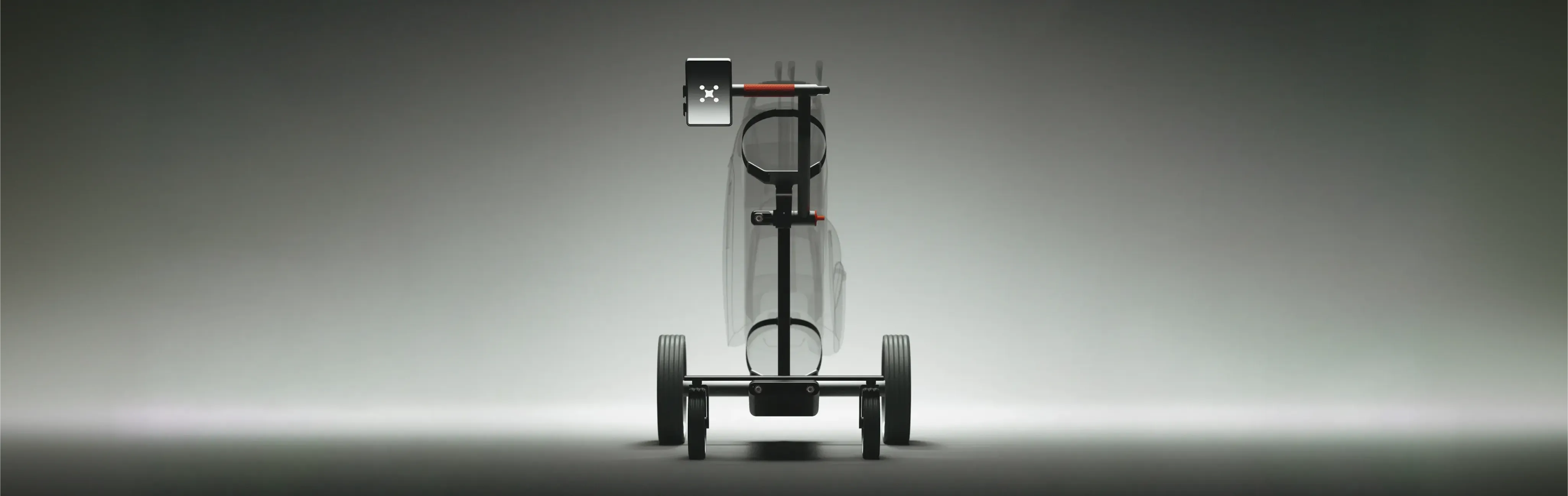 Frontal view of a modern and autonomous golf trolley with two large rear wheels and a screen on top.