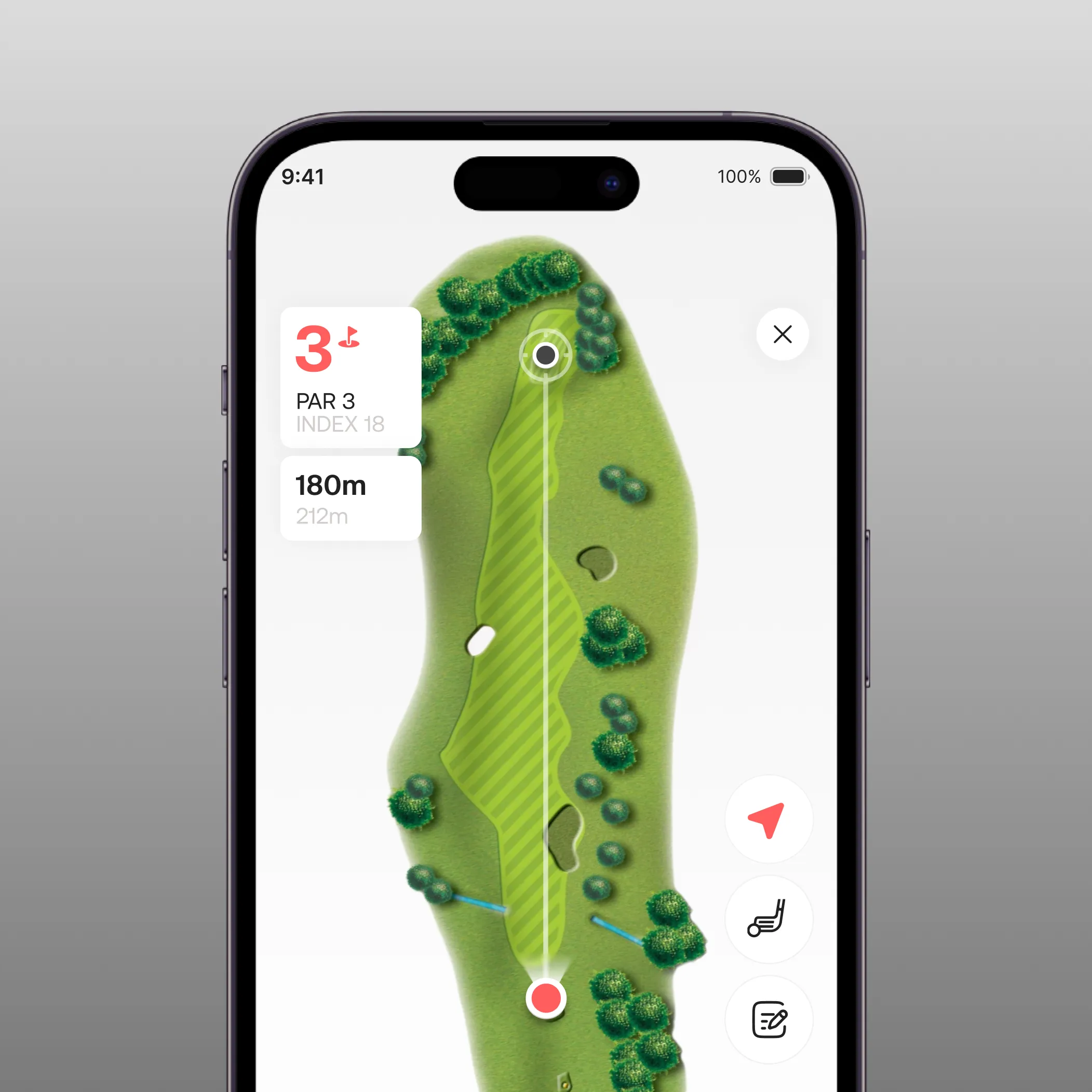 ixi app displaying a visual map of the golf hole layout on screen.