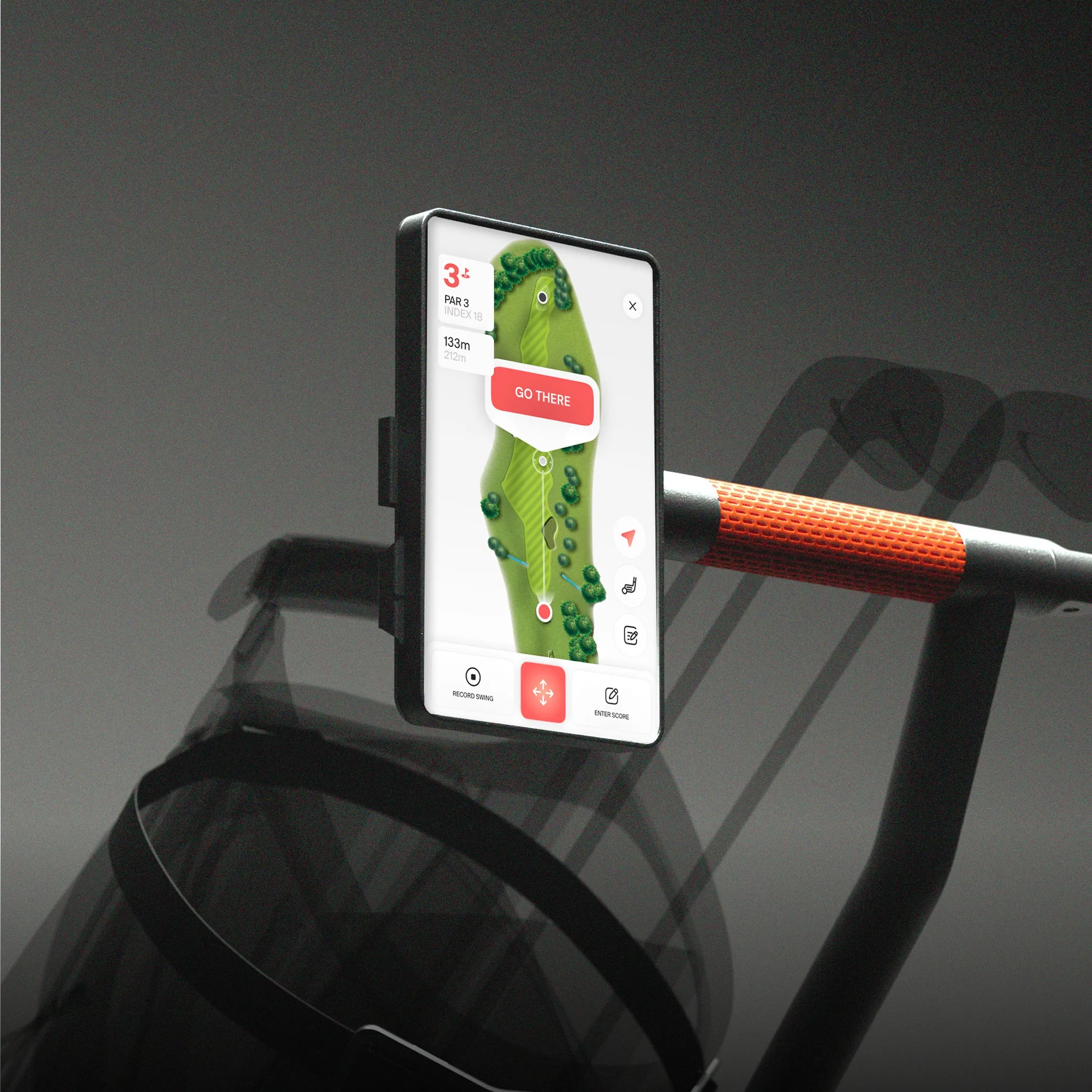 ixi app displaying GPS guidance on a golf trolley screen.