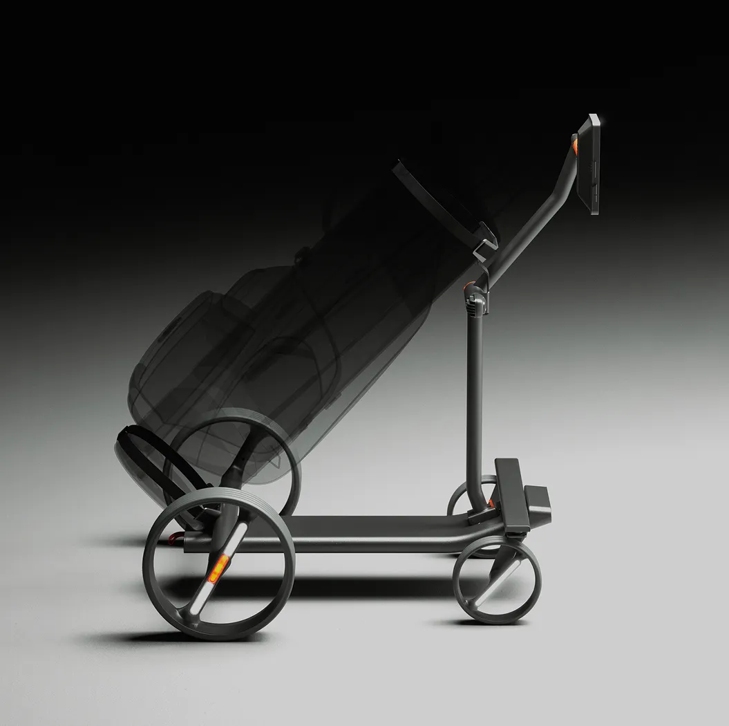 Side view of iXi, a modern golf cart with large and small wheels on a gradient background.