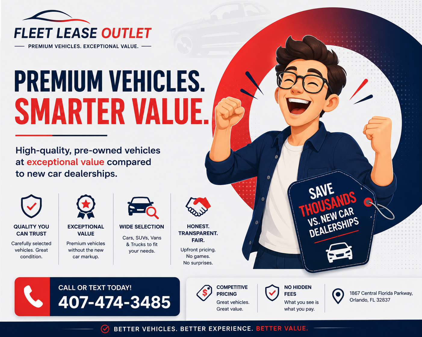 Excited young man with glasses celebrating savings on pre-owned vehicles at Fleet Lease Outlet.