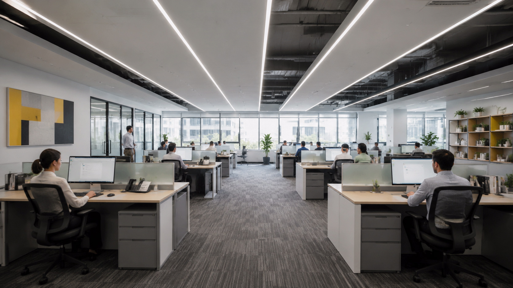 SUMLINK Office Circadian Light Line — open-plan workspace lit by a tunable linear ceiling light system