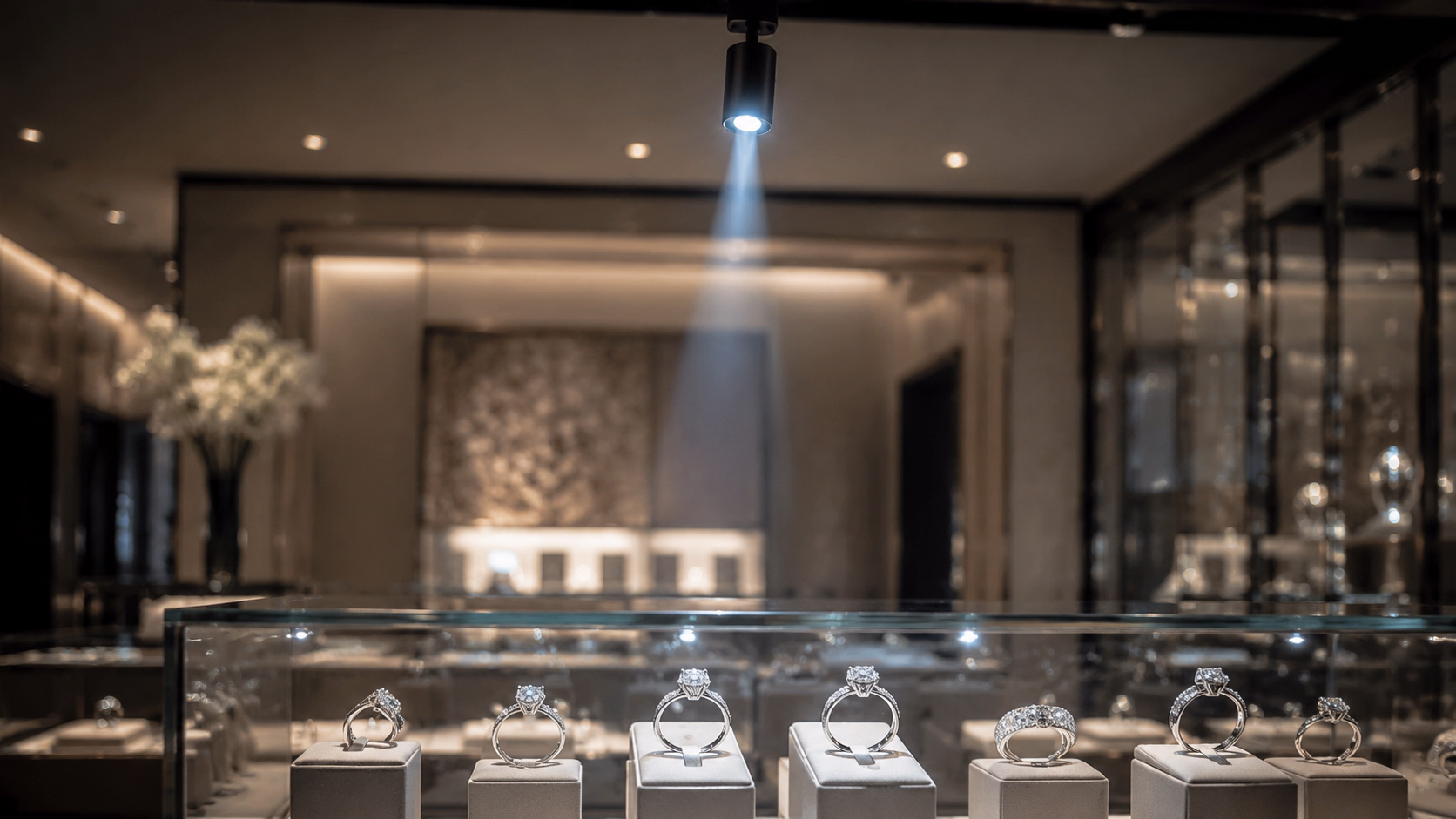 SUMLINK Jewellery Brilliant Spectrum — jewellery display under tunable spot and linear lighting