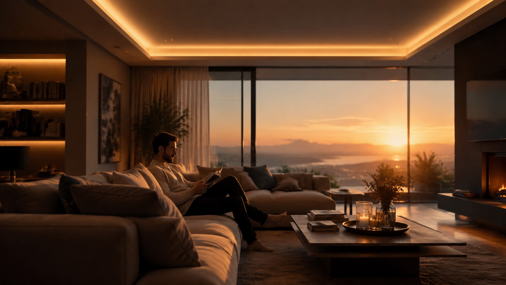 SUMLINK Home Warm Glow Line — living room at dusk under a warm linear light line