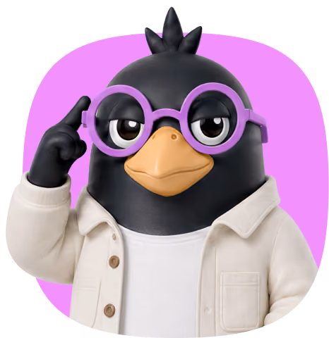 Cartoon black bird mascot wearing glasses and a white shirt on a purple background.