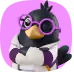 Cartoon black bird mascot wearing glasses and a white shirt on a purple background.