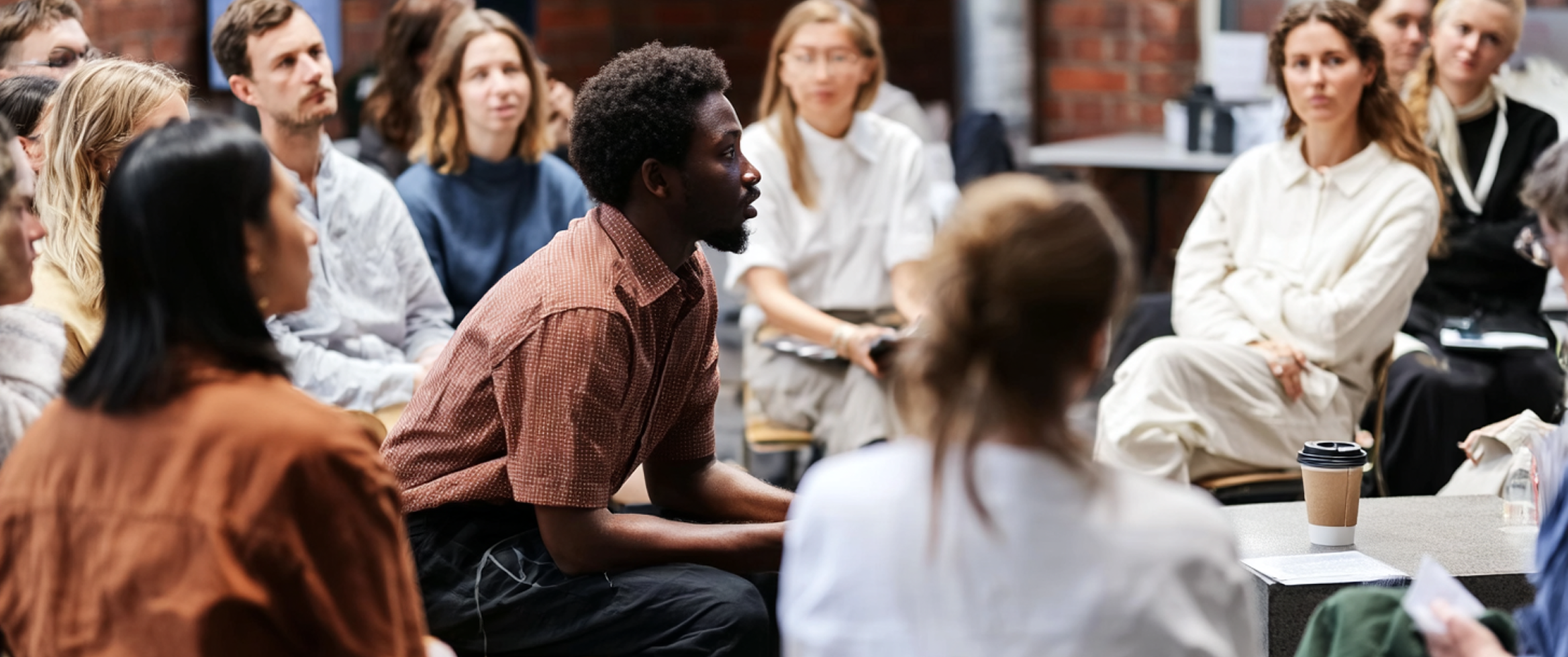 Un homme parle dans un cercle de personnes attentives lors d'une discussion en groupe.
