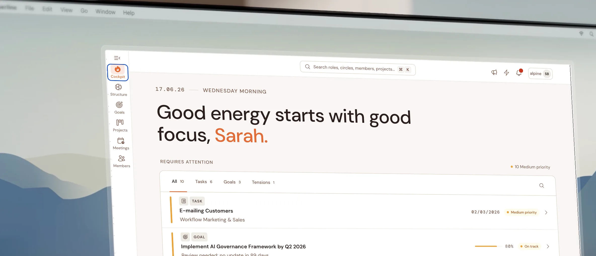 Cockpit Talkspirit : briefing quotidien des priorités, tâches et objectifs