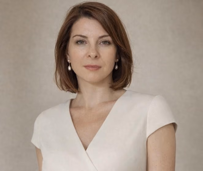 Portrait of a woman with short brown hair, wearing earrings and a beige outfit.
