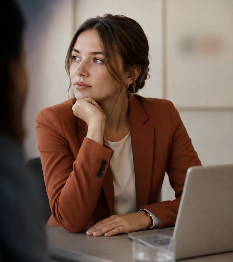 Une collaboratrice réfléchit lors d'un échange de travail, ordinateur portable ouvert.