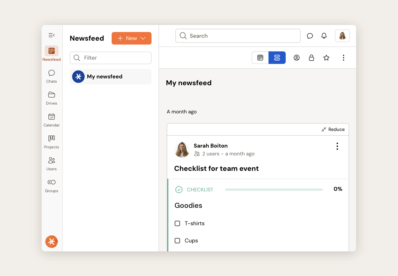 Fil d'actualités de Talkspirit : publication d'équipe avec checklist partagée dans My newsfeed