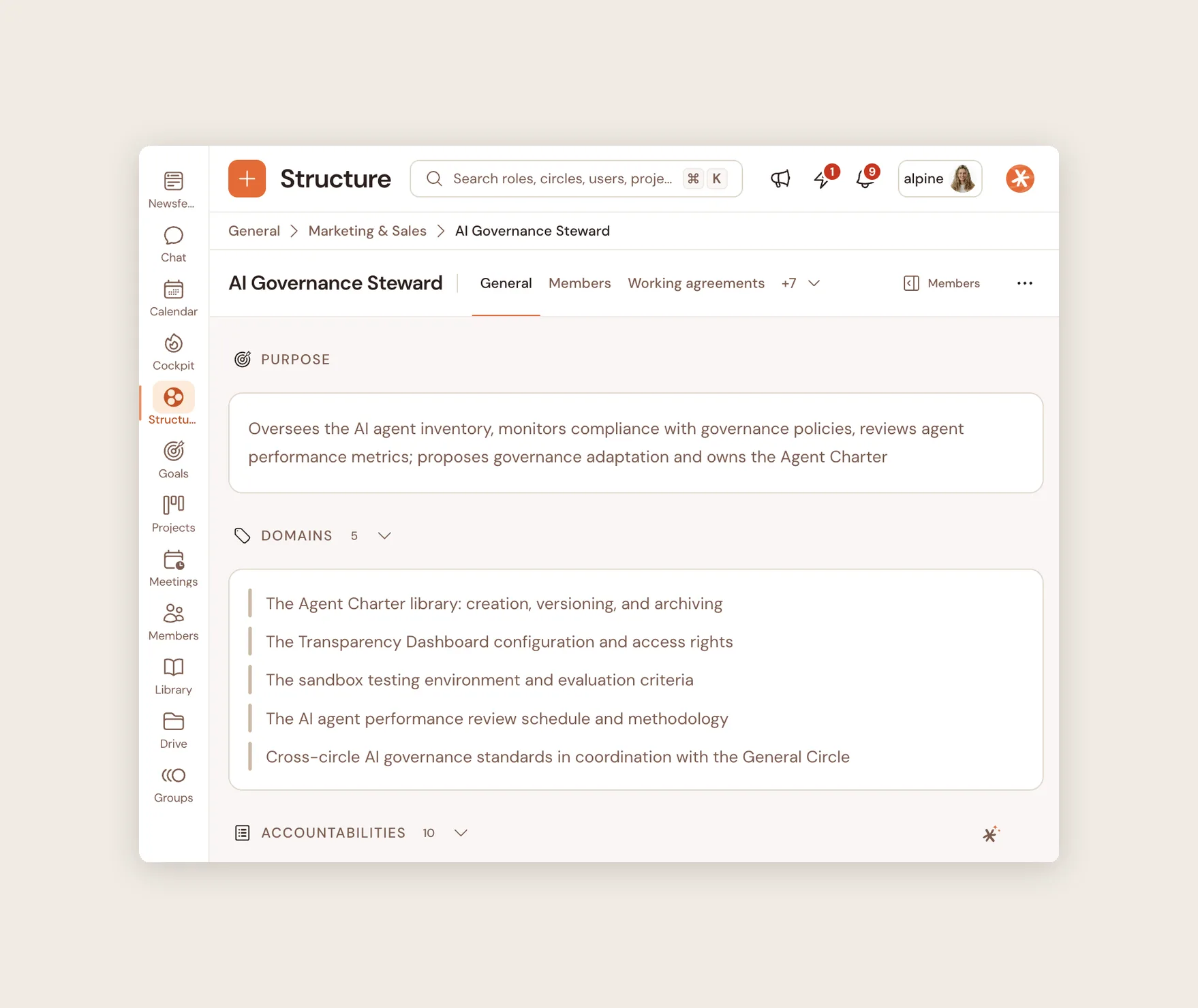 Fiche de rôle dans Talkspirit Structure : raison d'être, domaines et redevabilités du rôle AI Governance Steward