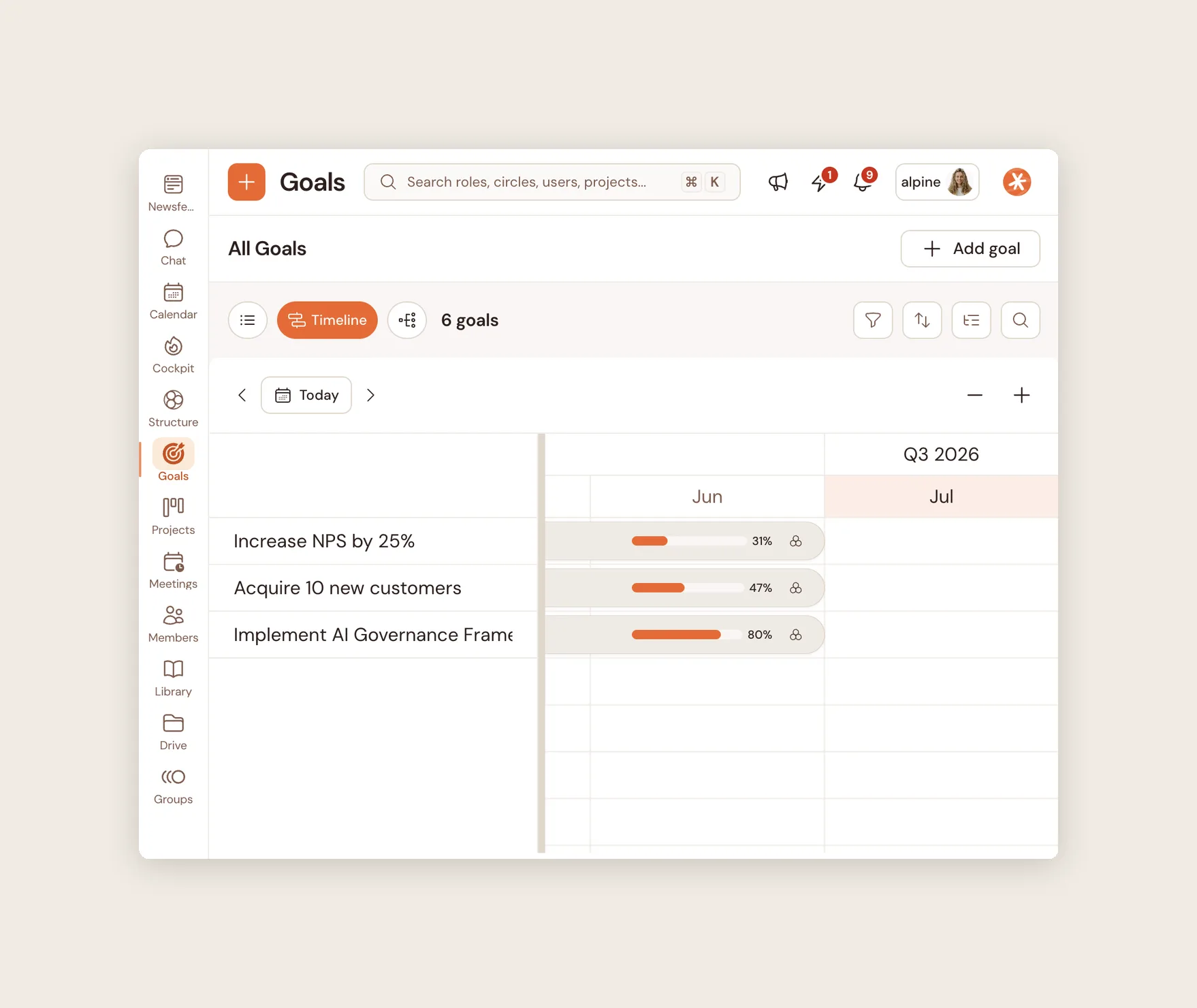 Module Objectifs de Talkspirit : vue timeline des objectifs avec progression en temps réel par trimestre