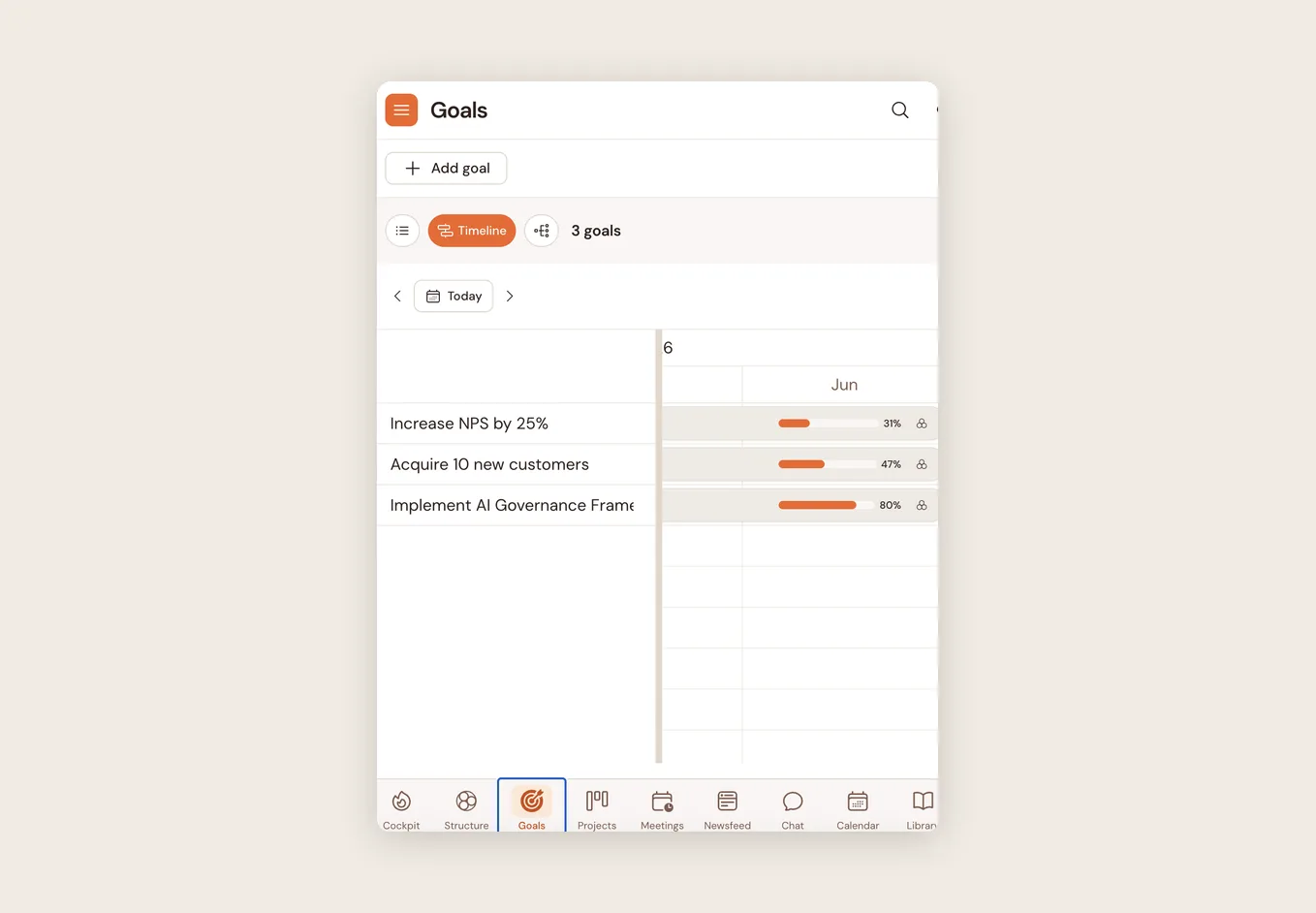 Module Objectifs de Talkspirit : trois objectifs suivis en temps réel avec leur progression