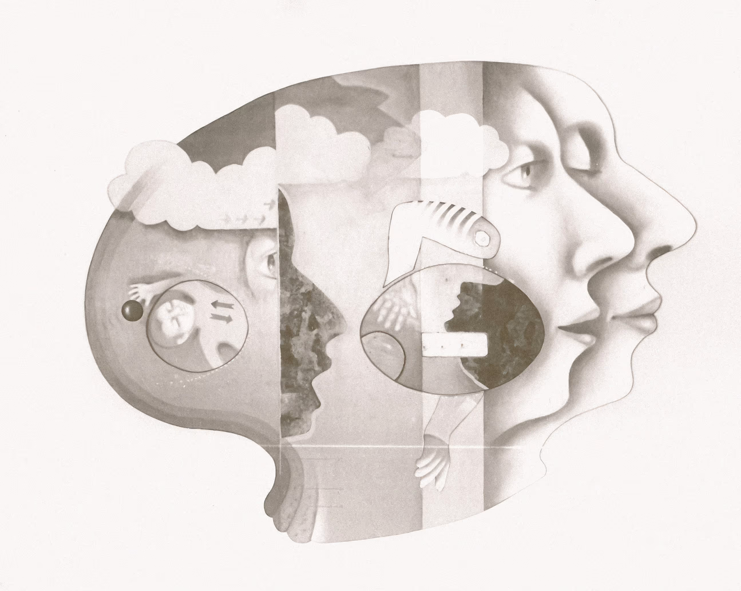 Abstract head-shaped collage with faces, clouds, a fetus, and a fish skeleton inside.