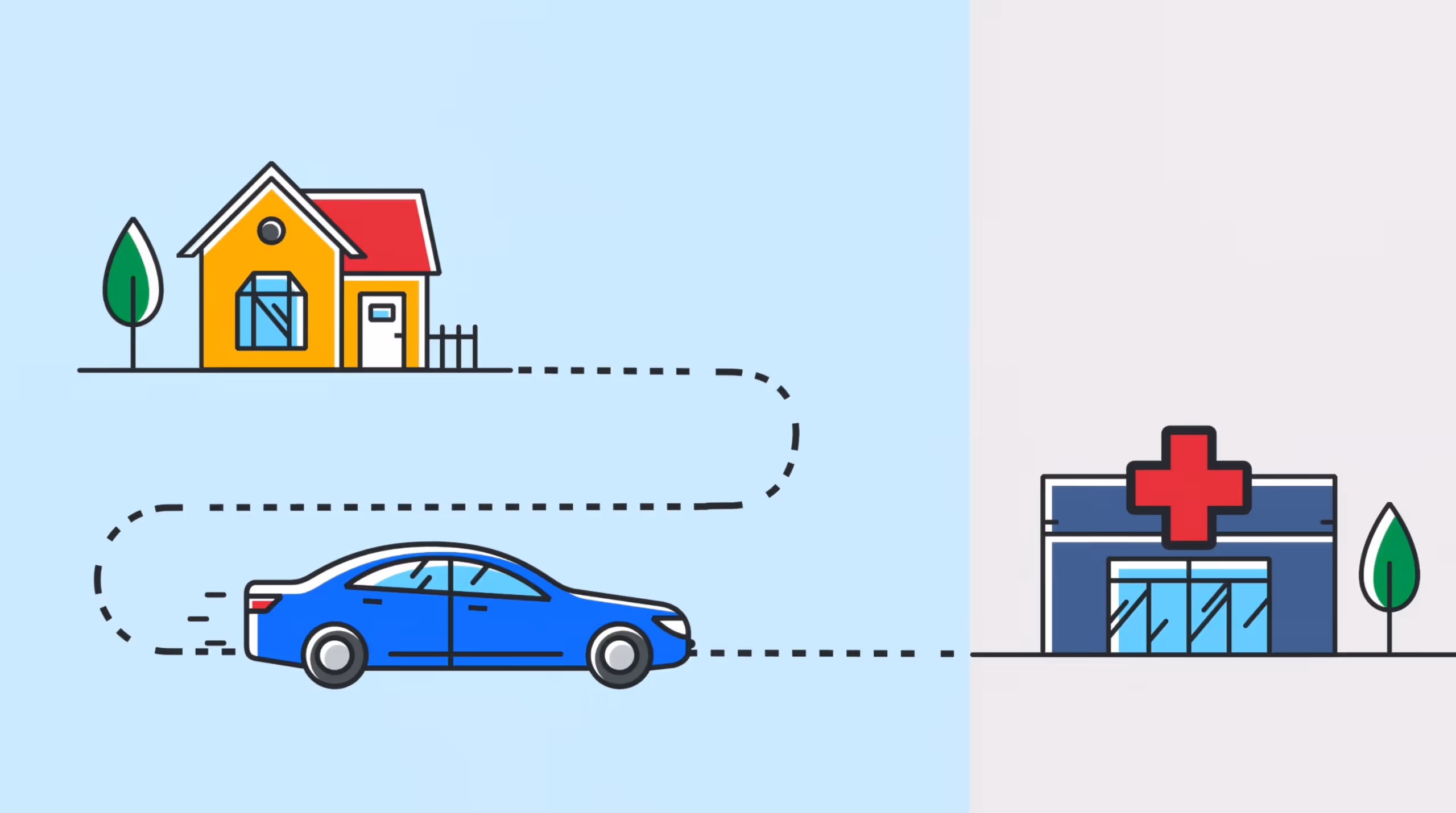 Blue car traveling from a yellow house to a hospital building with a red cross symbol.