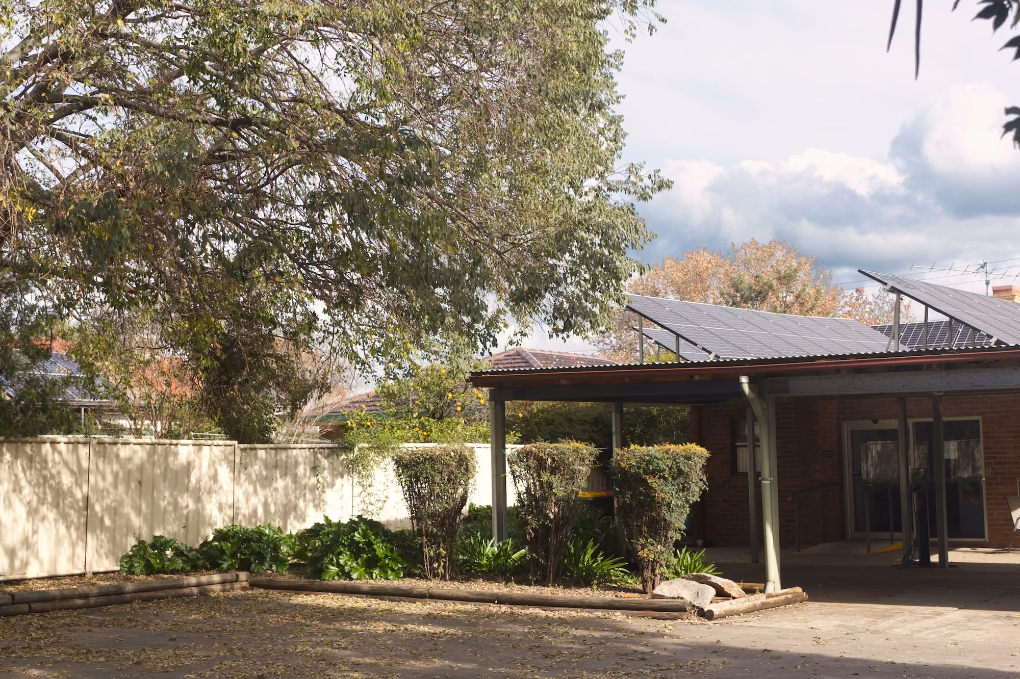 Empty outdoor parking area with fallen leaves, bordered by bushes and a shaded wooden structure with solar panels.