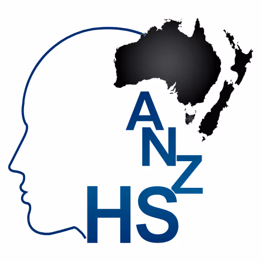 Outline of a human head with map of Australia and New Zealand and letters ANZHS inside.